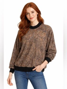 Vintage 90s BonWorth Leopard Print Sweatshirt Top L/XL Brown Animal Print